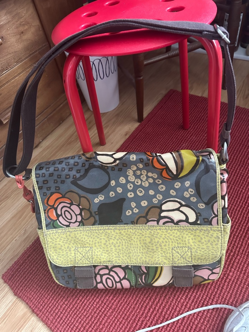 Fossil Floral Canvas Crossbody Bag in Gray, Pink, Yellow, Brown